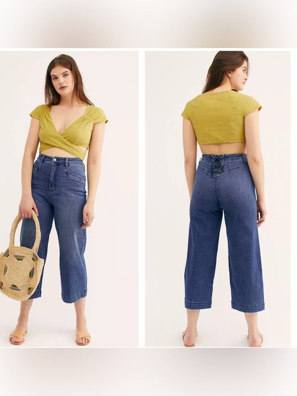 WE THE FREE‎ PEOPLE CRVY Lace Up Wide Leg Crop Jeans Denim Boho Plus Corset 35